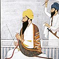Miniature painting of Gurbaksh Singh Kanhaiya with a fly-whisk attendant. Family atelier of Purkhu of Kangra, ca.1785.jpg