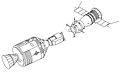 Figure 1-23. Apollo and Soyuz join in space. Note the docking module (DM) attached to Apollo’s nose. The DM was stored for launch within a shroud between the CSM and the S-IVB second stage of the Apollo Saturn IB launch vehicle. In orbit the Apollo inserted its probe unit into the standard Apollo drogue unit of the docking module, extracted the DM from the S-IVB, then performed rendezvous and docking with the Soyuz spacecraft.