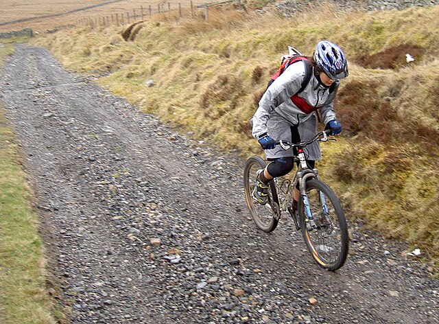 A cross-country mountain biker climbs on an unpaved track