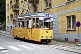 Museumtram te Bergen met motorwagen 62, van het type Reko, afkomstig uit Oost-Berlijn; 24 mei 2009.