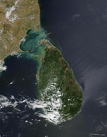 NASA satellite view of Sri Lanka revealing sparser areas of forest to the north and east of the island NASASri Lanka.jpg