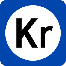 The Norwegian sign for toll road, road sign 765. The "Kr" symbol is added on direction signs on roads leading to toll stations. This is the only sign posted prior to the station itself except for in city areas where a new 560-zone sign is posted on city limits. NO road sign 765.svg