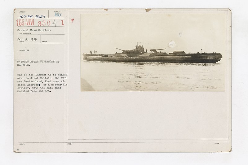 File:Navy - Naval Operations - Surrender of the German Fleet - Individual Ships - U-Boats after surrender at Harwich. One of the largest to be handed over to Great Britain, the former Deutschland, that once visited Am(...) - NARA - 45511658.jpg