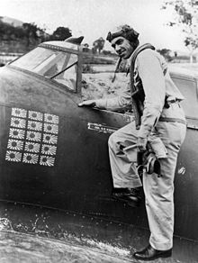 Neel E Kearby with his P-47 marked with 15 enemy aircraft destroyed Neel E Kearby USAAF with P-47 c1943.jpg