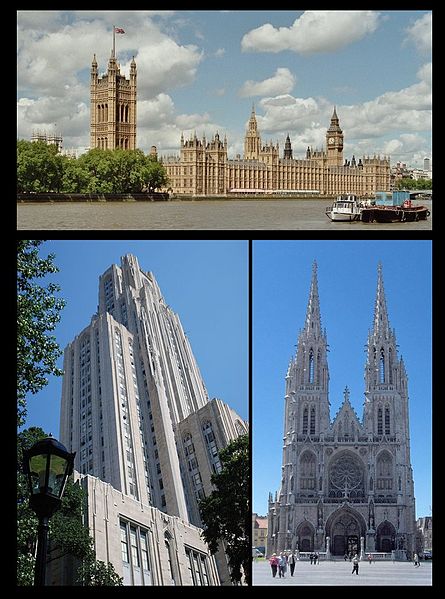 Notable Neo-Gothic edifices: top – Palace of Westminster, London; left – Cathedral of Learning, Pittsburgh; right – Sint-Petrus-en-Pauluskerk, Ostend