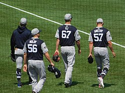 2018 Players Weekend uniforms worn by Jonathan Holder ("HOLDY", left), A. J. Cole ("AJ", center), and Chad Green ("GREENY", right). New York Yankees at Baltimore Orioles, August 25th, 2018 (42646290280).jpg