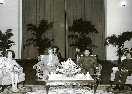 Pol Pot meeting with Romanian Marxist leader Nicolae Ceaușescu during the latter's visit to Cambodia in 1978