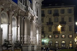Turin house where Nietzsche stayed (background) seen from Piazza Carlo Alberto, where he is said to have had his breakdown (at left: rear facade of Palazzo Carignano) NietzscheHouseTurin.jpg