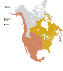 After the end of the French and Indian War in 1763, North America was dominated by the British and Spanish Empires Non-Native Nations Claim over NAFTA countries 1763.png