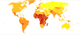 Deaths from Nutritional deficiencies in 2012 per million persons. Statistics from WHO, grouped by deciles   0-4   5-8   9-13   14-23   24-34   35-56   57-91   92-220   221-365   366-1,207 * The following groupings/assumptions were made: ** France includes the overseas departments as well as overseas collectivities. ** The United Kingdom includes the Crown dependencies as well as the overseas territories. ** The United States of America includes the insular areas. ** The Netherlands includes Aruba and the Netherlands Antilles. ** Denmark includes Greenland and the Faroe islands.