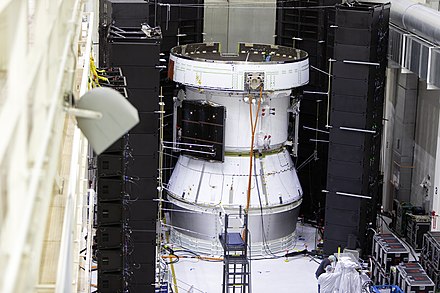 The European Service Module for Artemis 1 undergoing acoustic testing in May 2019