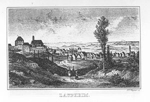 Laupheim um 1850 – In der Bildmitte die Synagoge