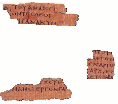 Matthew 26:7–8, 10, 14–15 on Papyrus 64, also known as Magdalen papyrus, from late 2nd/3rd century