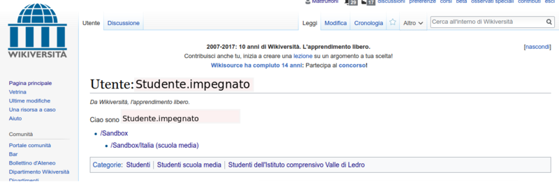 Pagina Utente su Wikiversità con Categorie