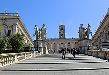 The Capitoline Hill cordonata in Rome, leading from Piazza d'Aracoeli to Piazza del Campidoglio Palazzo senatorio Rome 2011 2.jpg