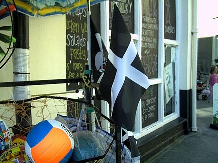Souvenir flags outside a Cornish café