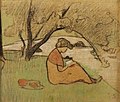 Paul Sérusier : Marguerite Sérusier lisant près de la rivière (aquarelle, 1912).