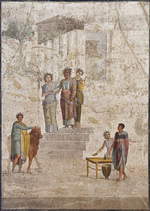 Pelias, king of Iolcos, stops on the steps of a temple as he recognises young Jason by his missing sandal; Roman fresco from Pompeii, 20-25 AD.