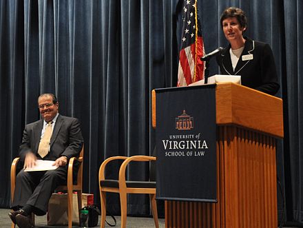 Scalia (left) at the University of Virginia School of Law