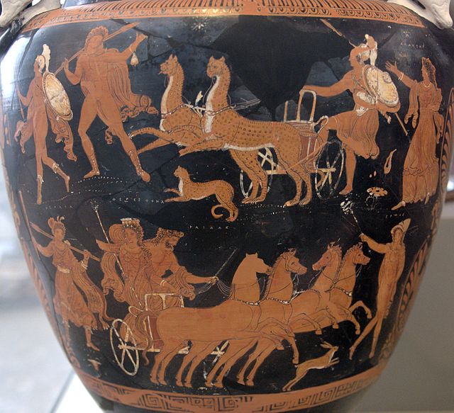 The Rape of Persephone: Persephone is abducted by Hades in his chariot. Persephone krater Antikensammlung Berlin 1984.40