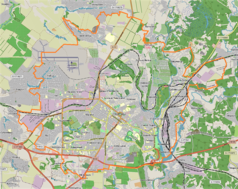 Mapa konturowa Połtawy, na dole znajduje się punkt z opisem „Połtawski Narodowy Uniwersytet Techniczny im. Jurija Kondratiuka”
