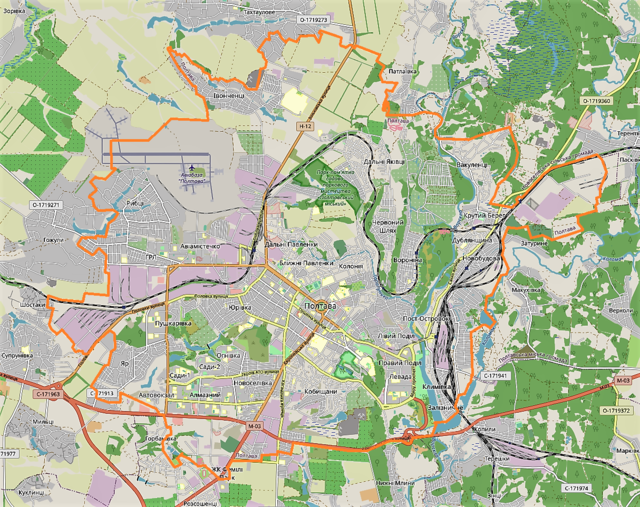 Mapa konturowa Połtawy, u góry znajduje się punkt z opisem „miejsce bitwy”