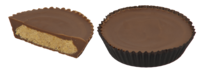 Reese's Peanut Butter Cups, one whole with wrapper and one split