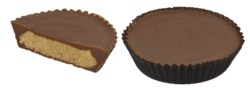 A whole Reese's Peanut Butter Cup next to a half Reese's Peanut Butter Cup showing the peanut butter filling in the middle of the Hershey's chocolate.