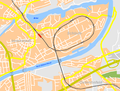 Brug van Rendsburg. De zwarte lijn geeft de spoorlijn en -brug aan die het stadsbeeld domineert