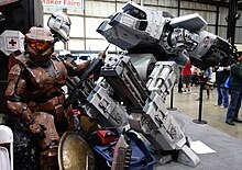 A re-creation of ED-209 displayed with the Master Chief at a Maker Faire in 2014. Robocop ED209 and Master Chief at MakerFaire 2014 (14204143296).jpg