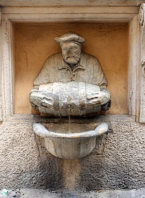 Roma, fontana del facchino (con botticella), realizzata al tempo di gregorio XIII, 1580.jpg