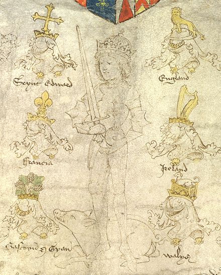 Detail from the Rous Roll (1483) showing Richard with a sword in his right hand, a globus cruciger in his left, a white boar (his heraldic badge) at his feet, framed by the crests and helms of England, Ireland, Wales, Gascony-Guyenne, France and St. Edward the Confessor.[104]