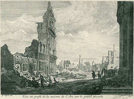 Perspectives des ruines de la ville de Bruxelles en 1695 après le bombardement de Bruxelles par les troupes françaises du maréchal de Villeroy (par Richard van Orley d'après Augustin Coppens, Rijksmuseum, Amsterdam).