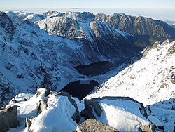 Mountain lakes of Czarny Staw pod Rysami and Morskie Oko seen from Rysy.