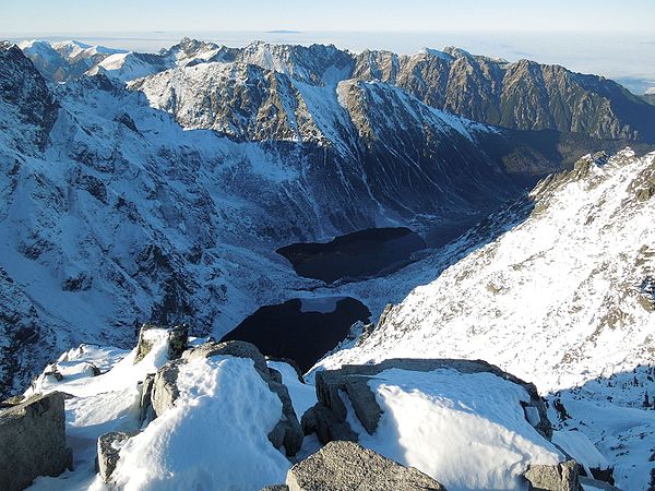 Mountain lakes of Czarny Staw pod Rysami and Morskie Oko seen from Poland's highest point, the north-western summit of Rysy, 2,500 metres (8,202 ft) i