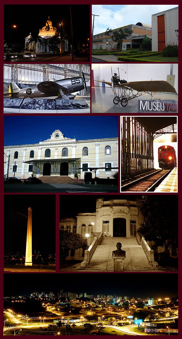 Views of São Carlos, Top left:Night view of São Carlos Cathedral, Top right:Federal University of São Carlos, 2nd:Planes display in Wings of a Dream M