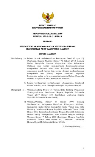 Surat Keputusan Bupati Malinau Nomor 189.1/K.115/2019 tentang Pengangkatan Anggota Badan Pengelola Urusan Masyarakat Adat Kabupaten Malinau