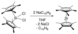 Original synthesis of decamethylsilicocene from Cp*2SiCl2 and sodium naphthalenide Silicocene.png