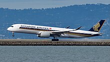 Singapore Airlines A350-900ULR, externally identical to the standard A350-900 Singapore Airlines Airbus A350 XWB -9 9V-SGC landing SFO.jpg