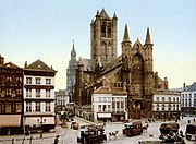 Fotochroomafdruk van de Sint-Niklaaskerk in Gent eind 19de eeuw