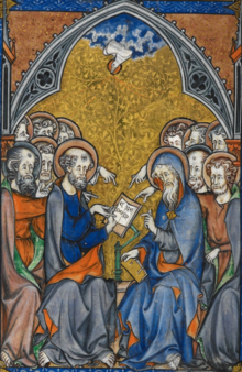 This illumination from a 13th-century manuscript shows the apostles writing the Creed, receiving inspiration from the Holy Spirit. Somme le Roy f.10v (cropped).png