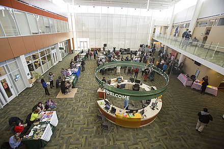 Welcome desk for students in College of DuPage Campus