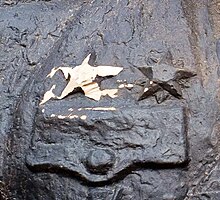 The controversial Bronze Soldier of Tallinn monument, vandalized in protest of the Russian invasion on Ukraine, 12 April 2022. Tallinn-bronze-soldier-12apr2022.jpg