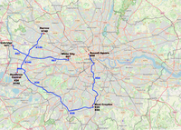 Map showing the current four limited-stop bus routes in London