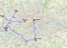Map showing the current four limited-stop bus routes in London TfL London Buses express routes.png