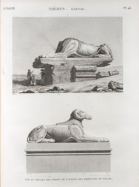 Pl.46 - Vue et détails des Sphinx de l'Avenue des propylées du palais