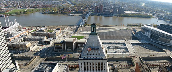 The Banks (center) and Fort Washington Way (bottom) in 2011.