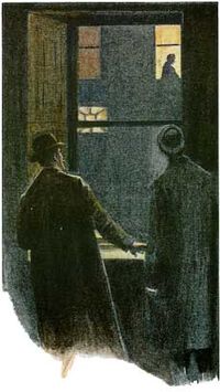 ... погледнах към прозореца на квартирата и отново се слисах. Хванах Холмс за ръката и му посочих прозореца...