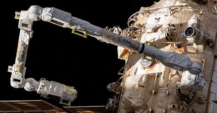The European robotic arm is pictured extending out from the Nauka multipurpose laboratory module during a mobility test several days after Roscosmos cosmonauts Oleg Artemyev and Denis Matveev activated the ERA during a seven-hour and 42-minute spacewalk.