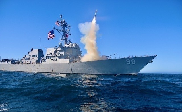 The USS Chafee (DDG-90) launches a Block V Tomahawk during the start of operational testing in 2020.